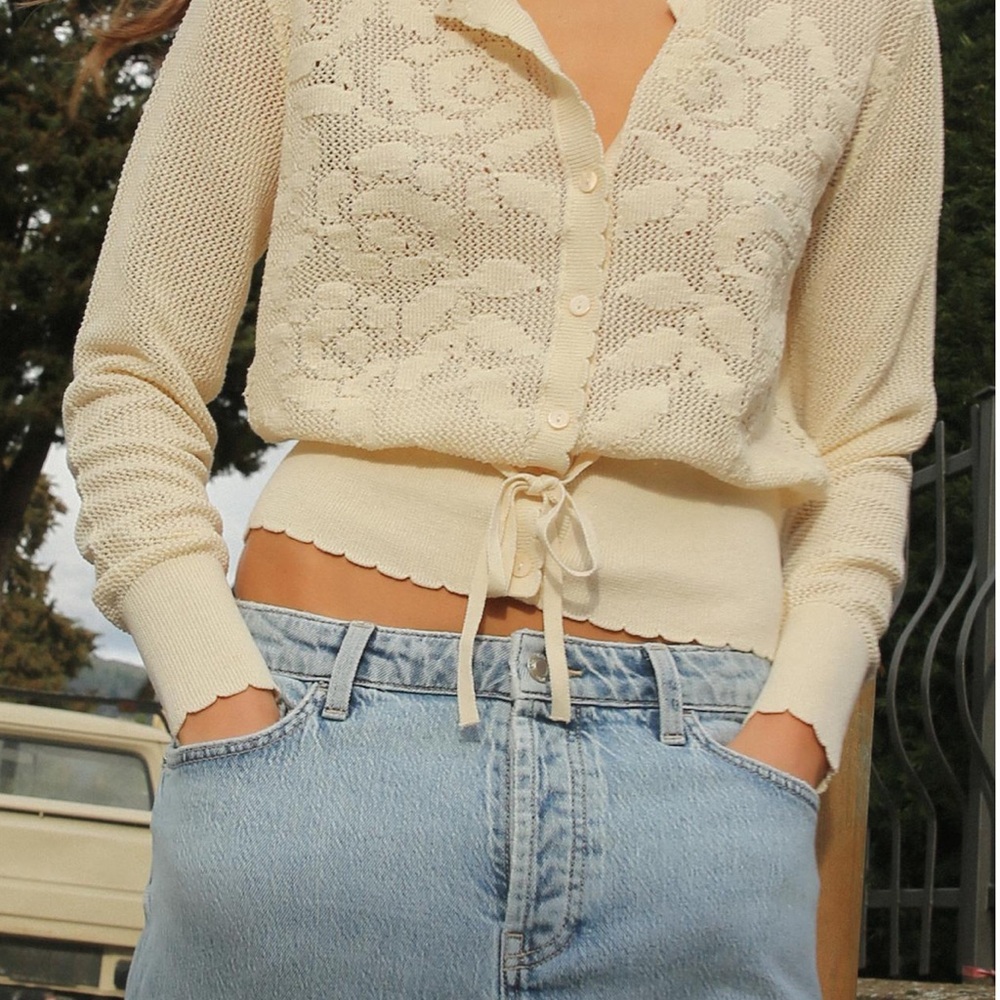 Zara - Romantic Pointelle Knit Cardigan in Ecru - Size M